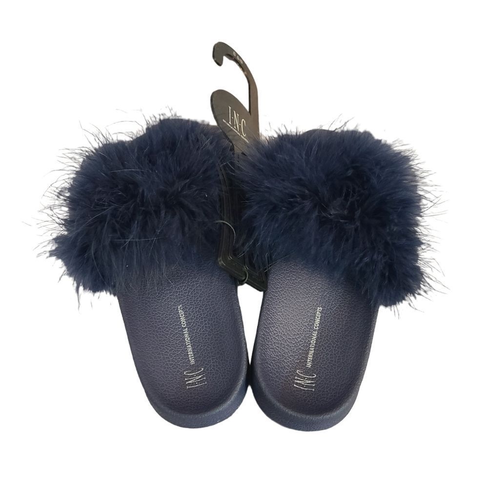 INC Marabou Pool Slides Vibrant‎ Navy Size 11/12